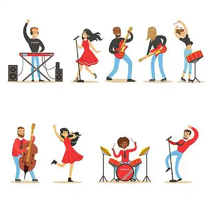 艺术家玩乐器和在舞台上的唱歌音乐会套音乐家卡通矢量汉字