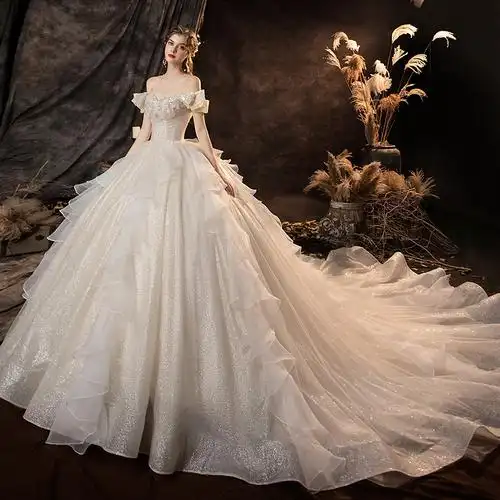 一字森系遮孕大码孕妇幻超梦幻拖尾新娘新款婚纱