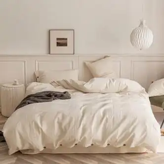 muji类新款a提花水洗棉全棉水洗棉纽扣款四件套秀色米白15m床单款四