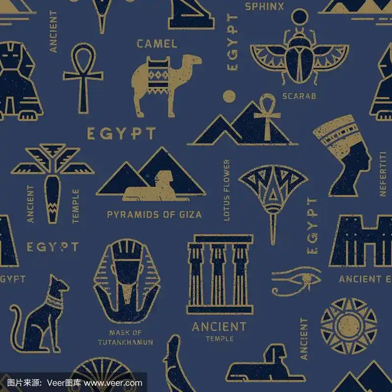 一个基于古埃及符号的无缝图案.猫,荷花,骆驼,水牛等等