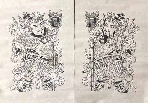 线描门神,福寿三多