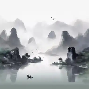 风风景壁纸飞鸟古典山水画祥云国潮山水云雾环绕黑白水墨丹青色水墨画