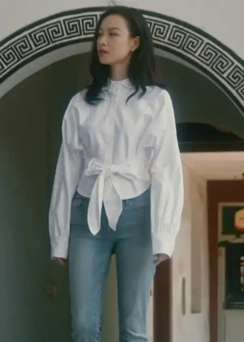 流金岁月倪妮朱锁锁同款上衣女白色小香风收腰蝴蝶结短款大牌衬衫