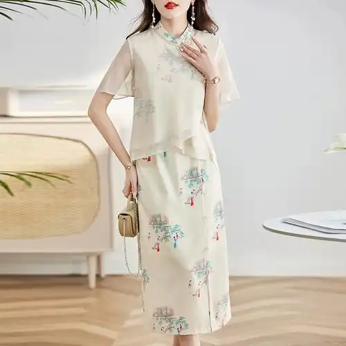 现货复古旗袍套装新款2024年夏季套装两件套蕾丝拼接文艺新中式