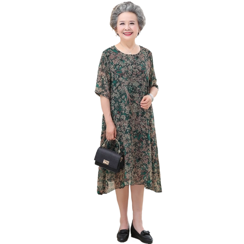 中老年人女装夏装雪纺连衣裙过膝老人妈妈60岁奶奶中老年女装