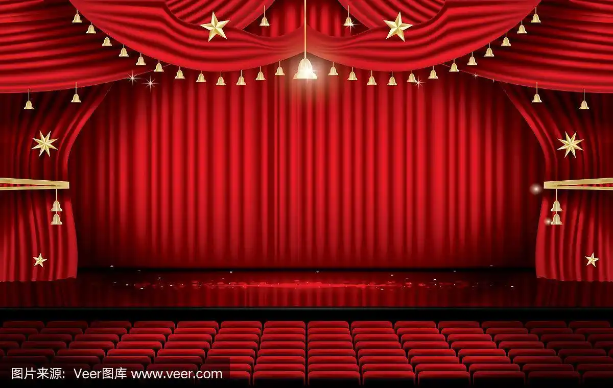 带有座位和拷贝空间的红色舞台幕布.戏剧,歌剧或电影场景.