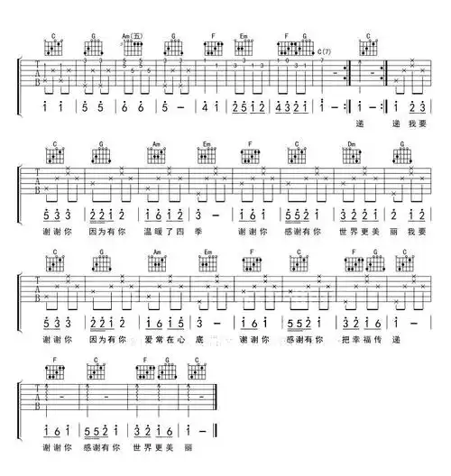 听我说谢谢你吉他谱c调李昕融弹唱六线谱