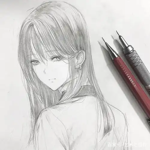 手绘铅笔线稿,可爱的动漫美少女