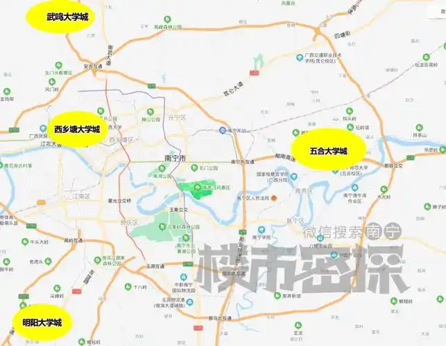 大学路沿线学校已成规模,相思湖往西分布着十几所高校(如图)