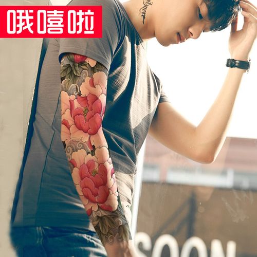 防水防汗逼真刺青纹身贴纸遮疤痕手臂手背嘻哈风 牡丹花满臂