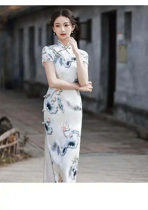 真丝旗袍高端长款少女款2022新款仿杭州夏季复古走秀演出中国风气质