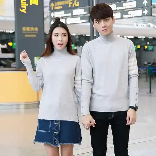 男女款情侣装高领套头毛衣纯色下摆开叉纽扣羊绒针织衫保暖毛
