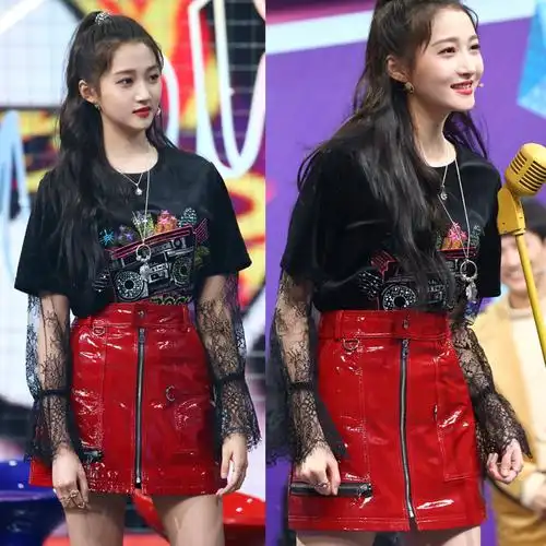 王牌对王牌_王牌对王牌5关晓彤同款衣服拼接蕾丝袖丝绒黑色t恤短袖女