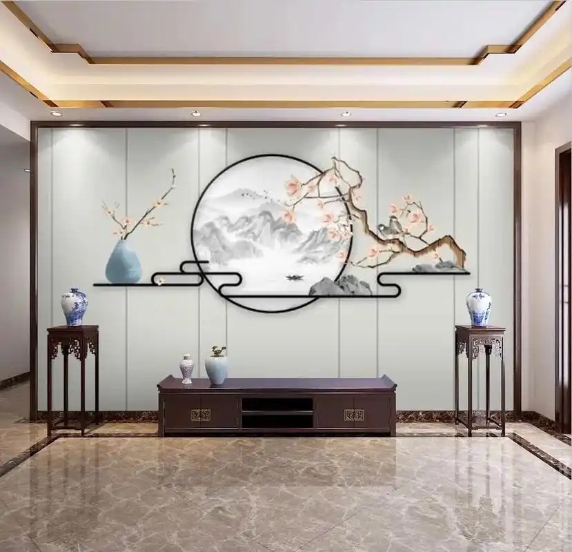 电视背景墙3d立体中式意境山水麋鹿壁纸客