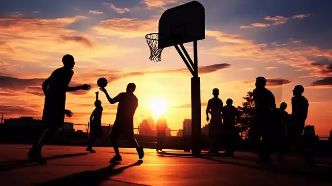 夕阳下的篮球运动员在篮球场打篮球扣篮场景