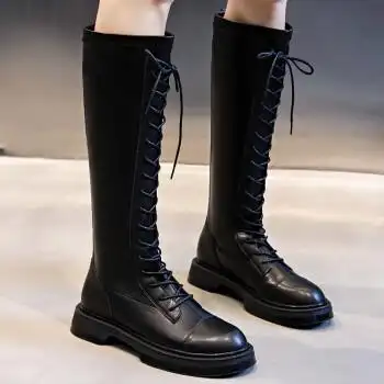 索梵图马丁靴女时尚骑士靴2022秋季新款百搭牛皮长筒女靴高筒不过膝