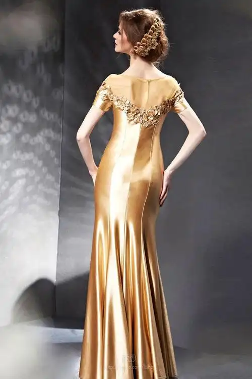复古金色真丝缎短袖齐地晚礼服-picture1