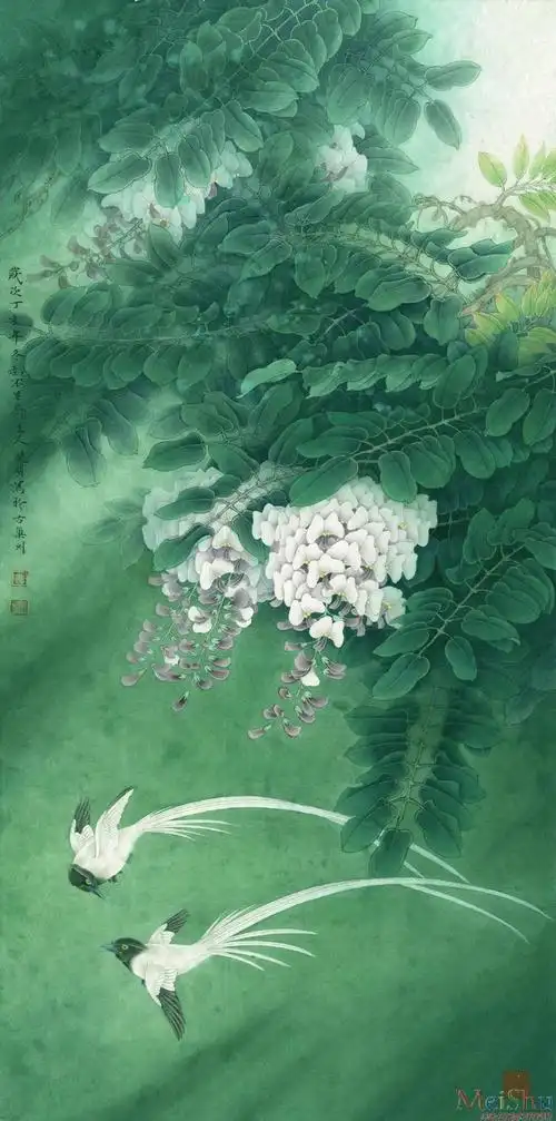 【印刷级】jxd5260130近现代国画紫藤寿带图-高仿李晓明国画工笔画