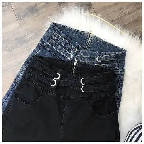 9176# 网红同款高腰交叉腰后拉链加绒牛仔裤弹力小脚裤新款潮女