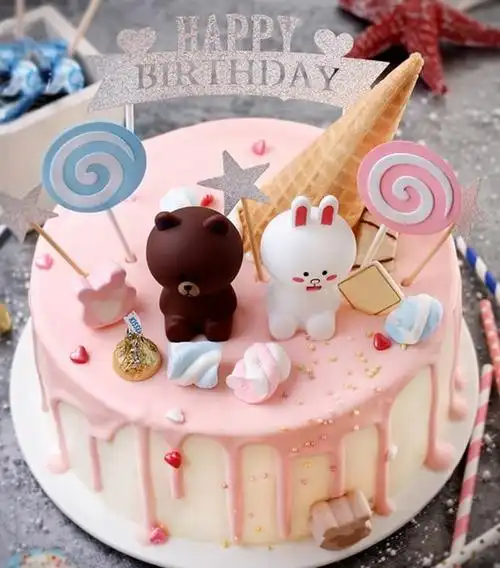 一只躲在墙角的猫做的少女心布朗熊可妮兔马卡龙色可爱晕色蛋糕