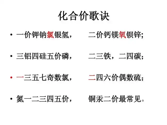 化合价歌诀   一价钾钠氯银氢, 一价钾钠氯银氢,   三铝四硅五价磷