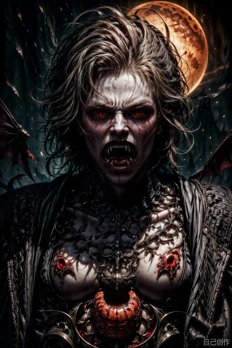 暗黑吸血鬼女伯爵锁屏壁纸,神秘血月与蝙蝠.