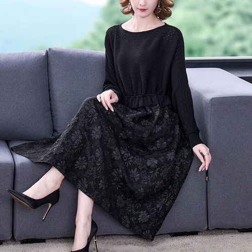 芳嫔妈妈女士连衣裙适合50岁左右中老年装装拼接连衣中年装 黑色 m