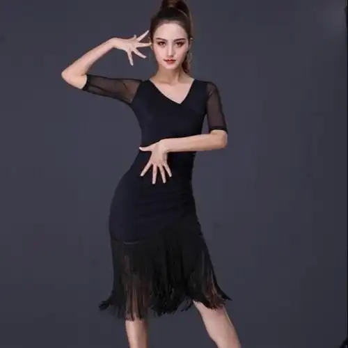 拉丁舞服装成人女连衣裙性感新款成年春夏款流苏裙训练舞蹈练功服黑色