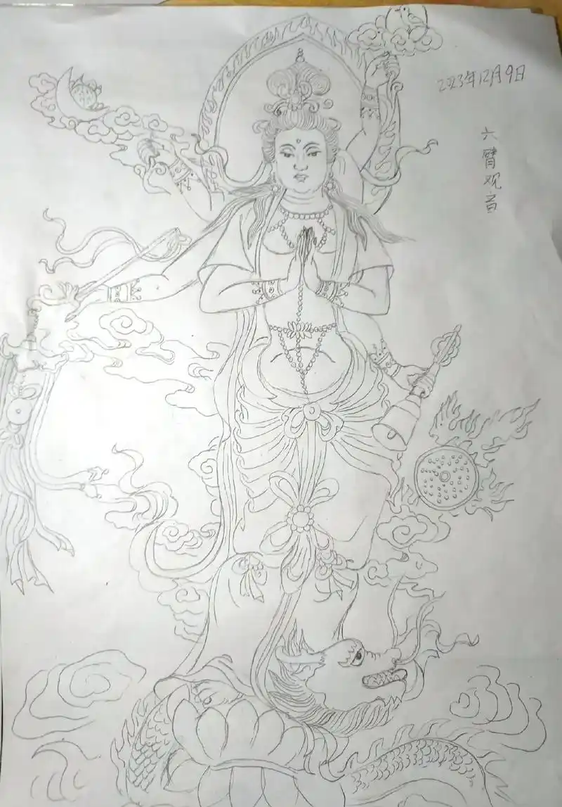 自学习铅笔线描六臂观音画 - 抖音