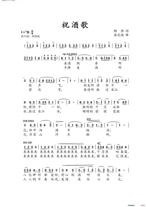 祝酒歌合唱简谱1