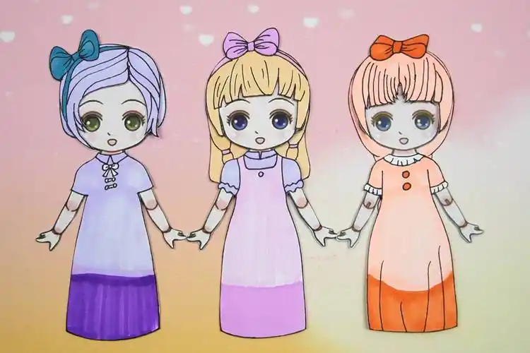 儿童创意手工纸娃娃玩卡通女孩曼紫姑娘粉红长裙装