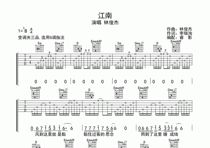江南吉他谱_林俊杰_g调吉他弹唱六线谱_睿影编配