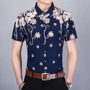 新品男装短袖花衬衫夏季丝光棉柔印花时尚休闲免烫大码男士花衬衣