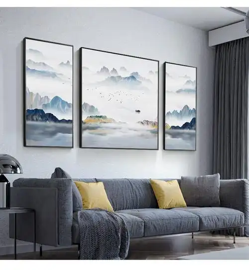 客厅装饰画新中式山水画风水靠山壁画三联画现代简约沙发背景挂画