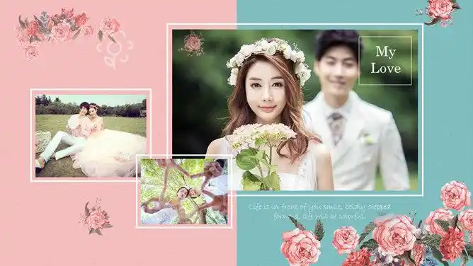 一套婚礼庆典婚纱照相册幻灯片模板,清新粉蓝配色,多种图片照片排版