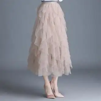 恒愎多层裙半身裙女秋冬新款百褶长裙粉色裙子网红纱裙春 杏色 均码【