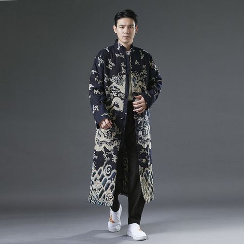 新款唐装长衫男春季长款中国风复古龙纹印花对襟盘扣中式古风外套