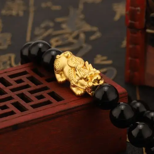 老庙黄金3d硬金貔貅手串足金黑曜石守财招财保平安男女款