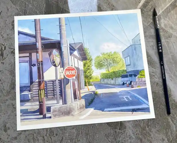 水彩风景日系街景附过程内有抽奖福利