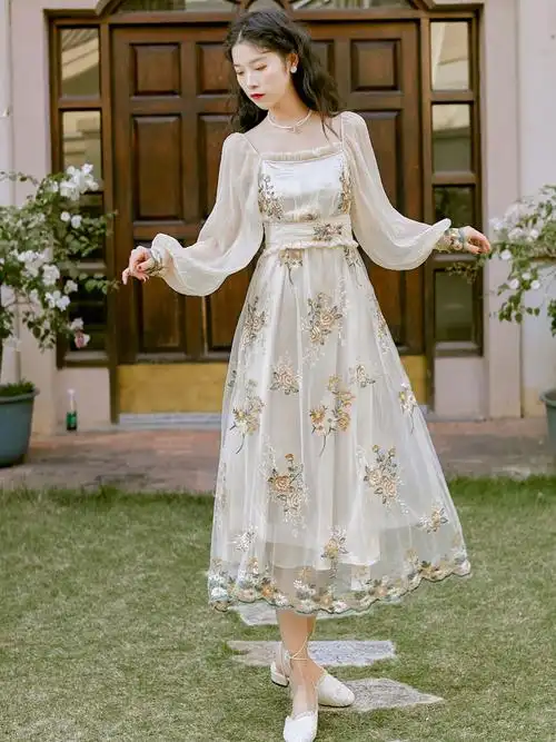 艳如飞法式梗桔裙初恋碎花宫廷复古裙子仙女超仙长裙脚踝仙气森系