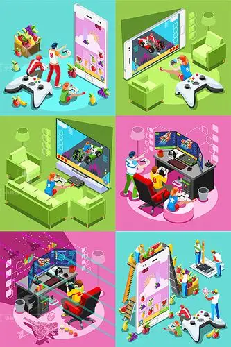 创意2.5d等距立体卡通家庭娱乐vr打游戏的屏幕场景打包下载s56