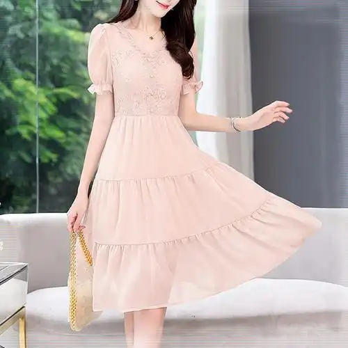 夏高端大气上档次女装洋装素色蕾丝成人公主裙约会修身优雅连衣裙