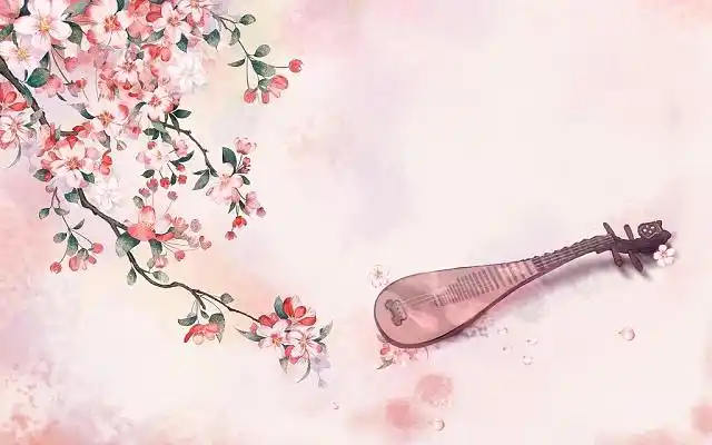 古风古窗水墨水彩画琵琶唯美意境粉色花卉中国风手绘插画背景古风中国