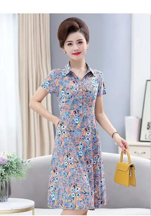 夏天中年人穿的连身裙棉麻连衣裙短袖连衣裙polo领弹力中长款显瘦女