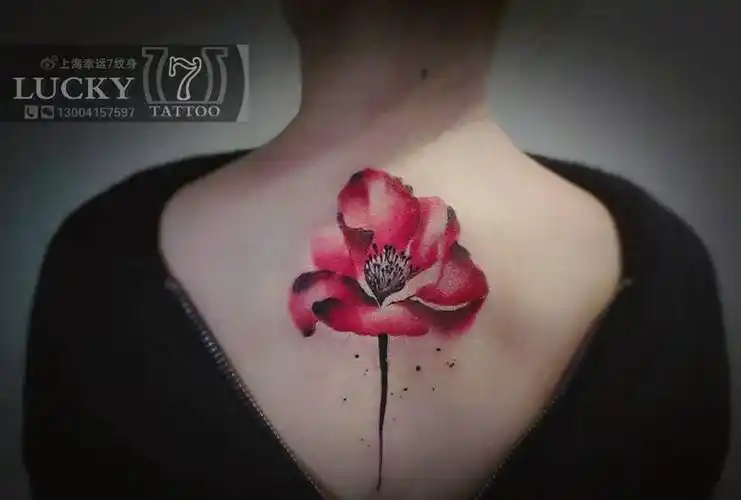 罂粟花|幸运7纹身纹身图片_背部水彩水墨纹身图案