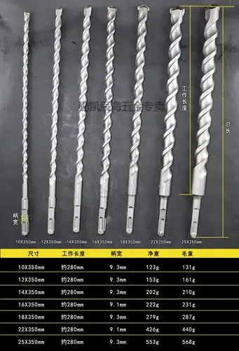 电锤钻头方柄钻头穿墙合金钻头水泥混凝土冲击钻头方头四坑冲击钻f 12