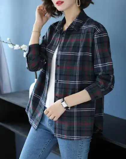 恒源祥格子衬衫女长袖2019秋季新款宽松休闲全棉衬衣短款上衣