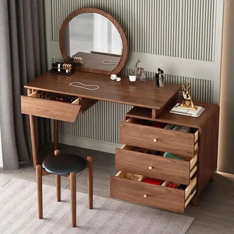 新中式实木书桌北欧网红可伸缩卧室梳妆台收纳多功能复古风胡桃色