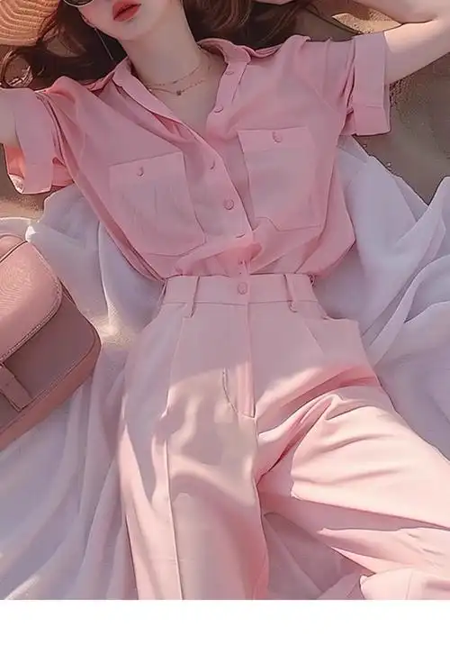 夏天多巴胺穿搭粉色衬衫女装套装轻奢高级感时尚衣服潮流女一整