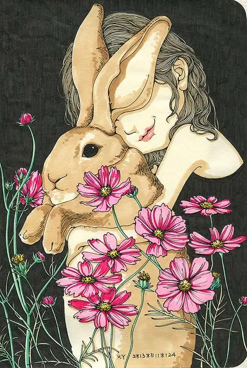 手绘插画人物兔子波斯菊